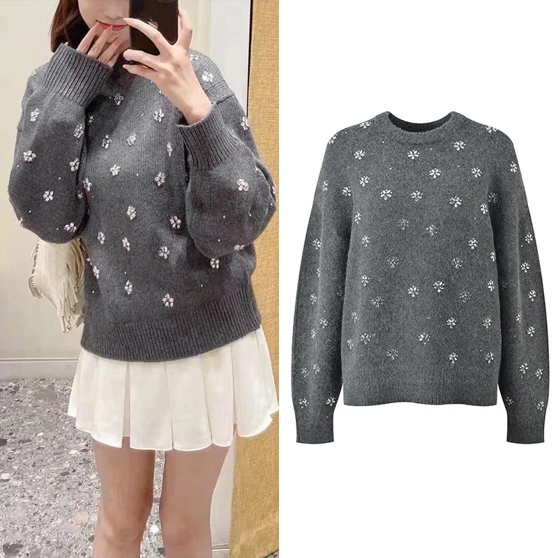 

Высококачественная версия, вязаный свитер с бриллиантами, круглый пуловер Long Sve Ne, трикотаж для женщин