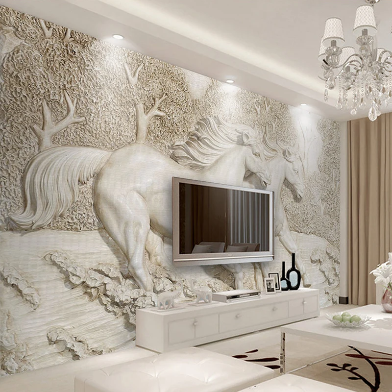 Nach Wandbild Tapete 3D Stereo Relief Weiß Horse Foto Wandmalereien Klassische Wohnzimmer TV Hintergrund Home Decor Wand Gemälde