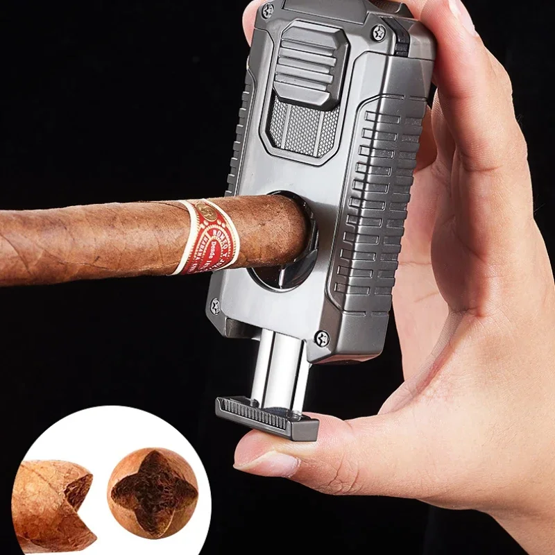 Creative Three Fire Windproof Turbo Cigar Lighters Comes with V-shaped Cigar Clipper Portable Butane Gas Igniter Welding Gun