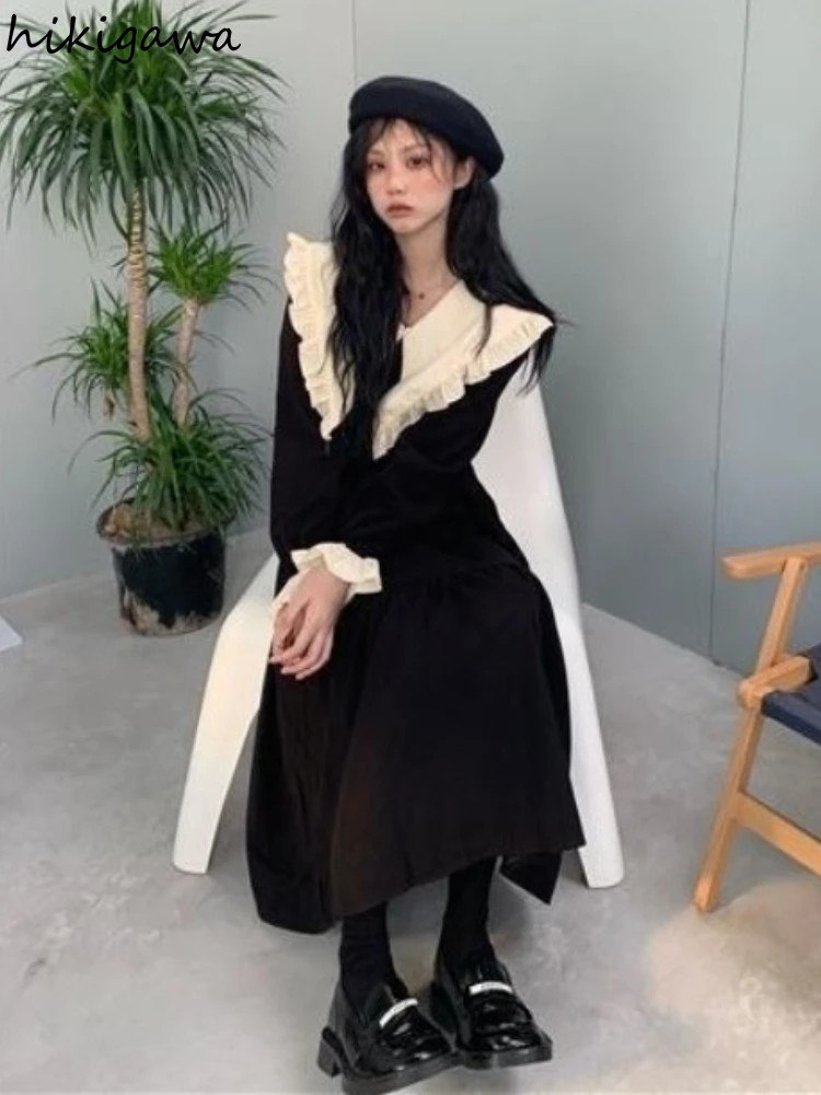 2023 Vestidos De Mujer Japanese Dresses for Women Peter Pan Collar Long Sleeve Ruffles Loose Maxi Dress Sweet Folds Robe Femme