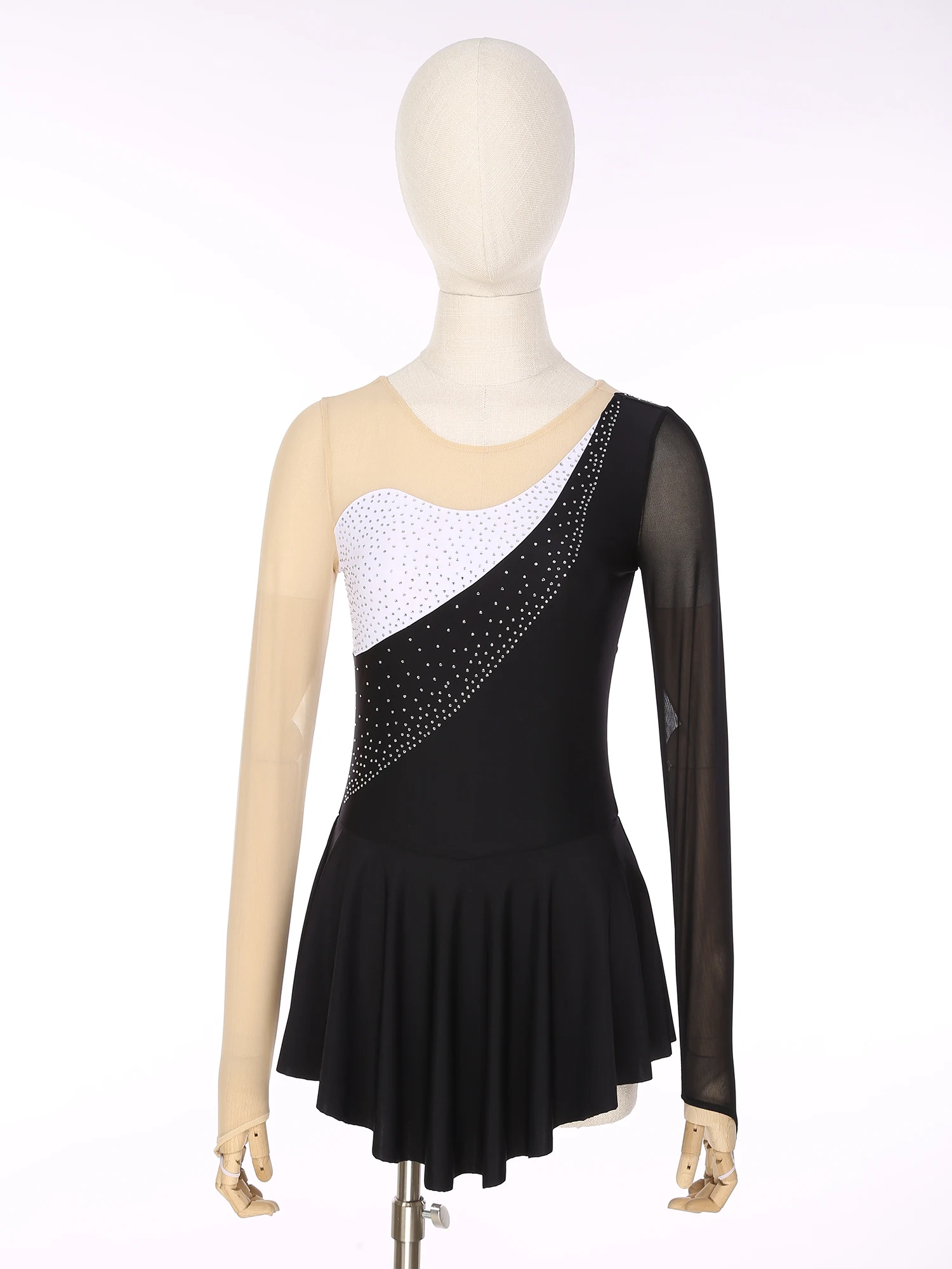 Women Rhinestone Mesh Long Sleeve Figure Skating Dress Gymnastics Leotards Ballroom Competition Dancewear Costume