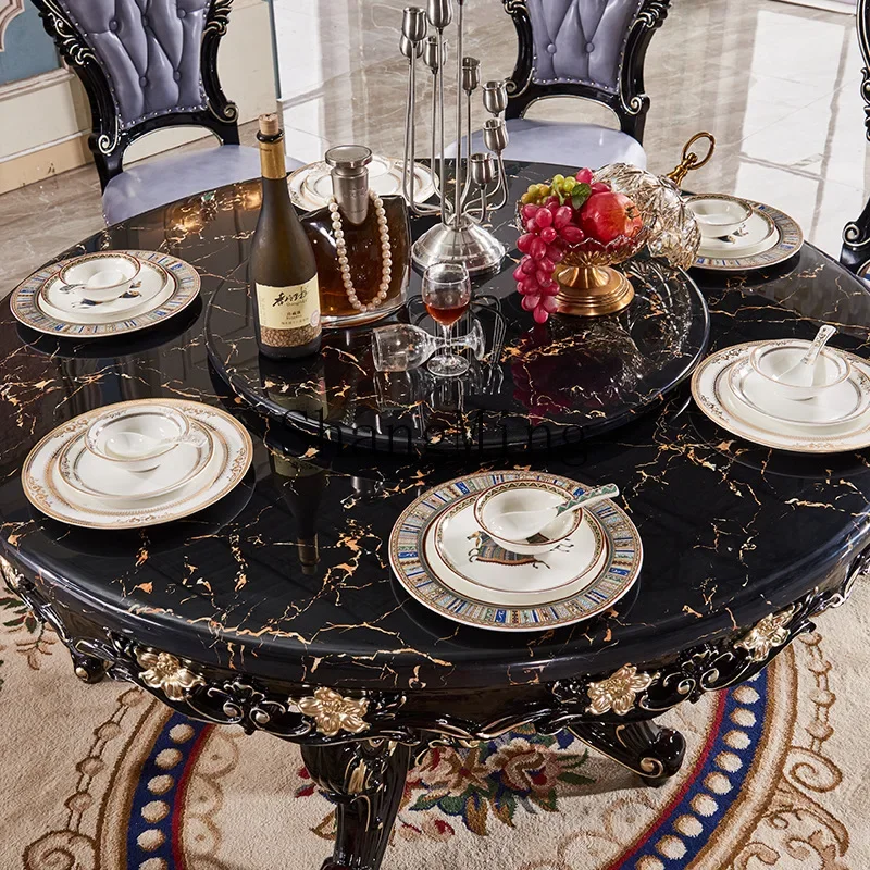 

FG marble dining table and chair combination round table ebony solid wood round dining table household small apartment