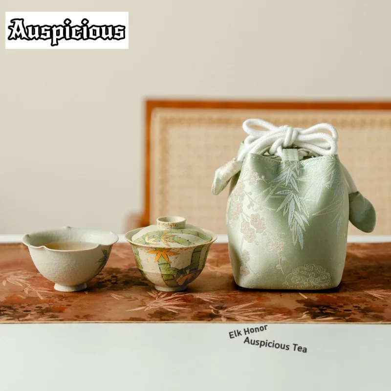 

Firestone Red Hand-painted Bamboo Forest Travel Tea Set Kit Ancient 1 Pot 1 Cups Tea Brewing Organizer Portable Camping Tote Bag