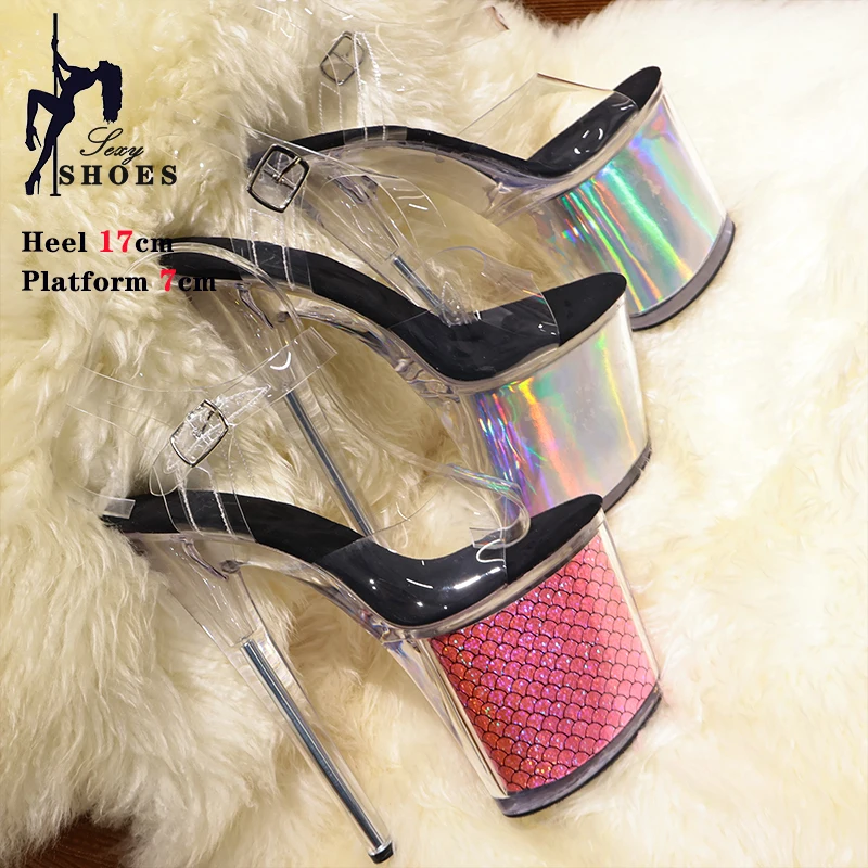 High-quality 17CM/7inches Women Sandals Stripper High Heel Shoes Transparent Platform Glitter Stiletto Pole Dance Shoes Wedding