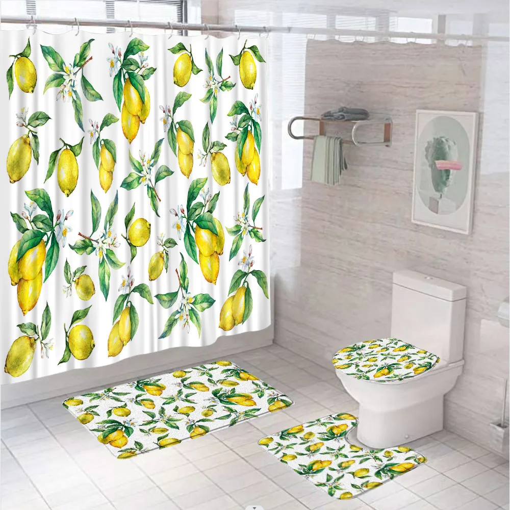 

4Pcs Shower Curtain Sets Floral Lemon Fruit Flowers Leaves Vintage Yellow Non-Slip Rug Toilet Lid Cover Bath Mat Bathroom Decor