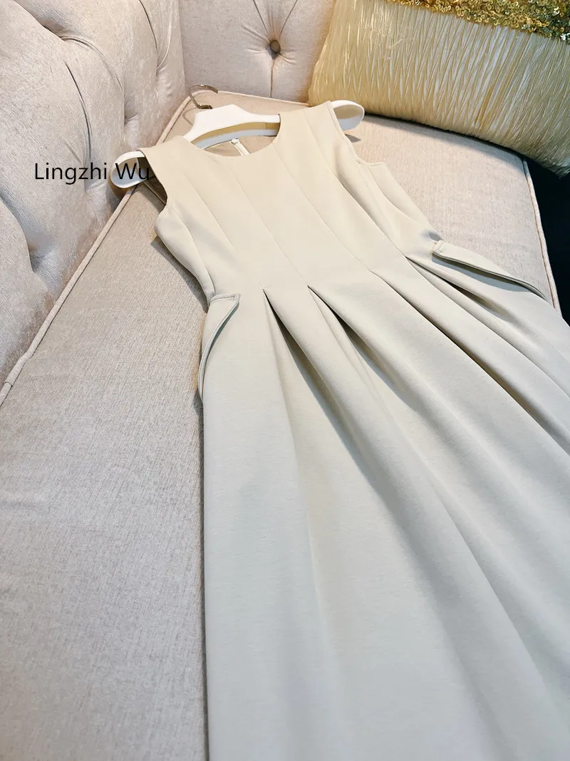 

Lingzhi Wu French Elegant Long Dress Top Quality Folds Slim Waist Expansion Bottom Ladies Long Vestidos Beige Pleated Dresses