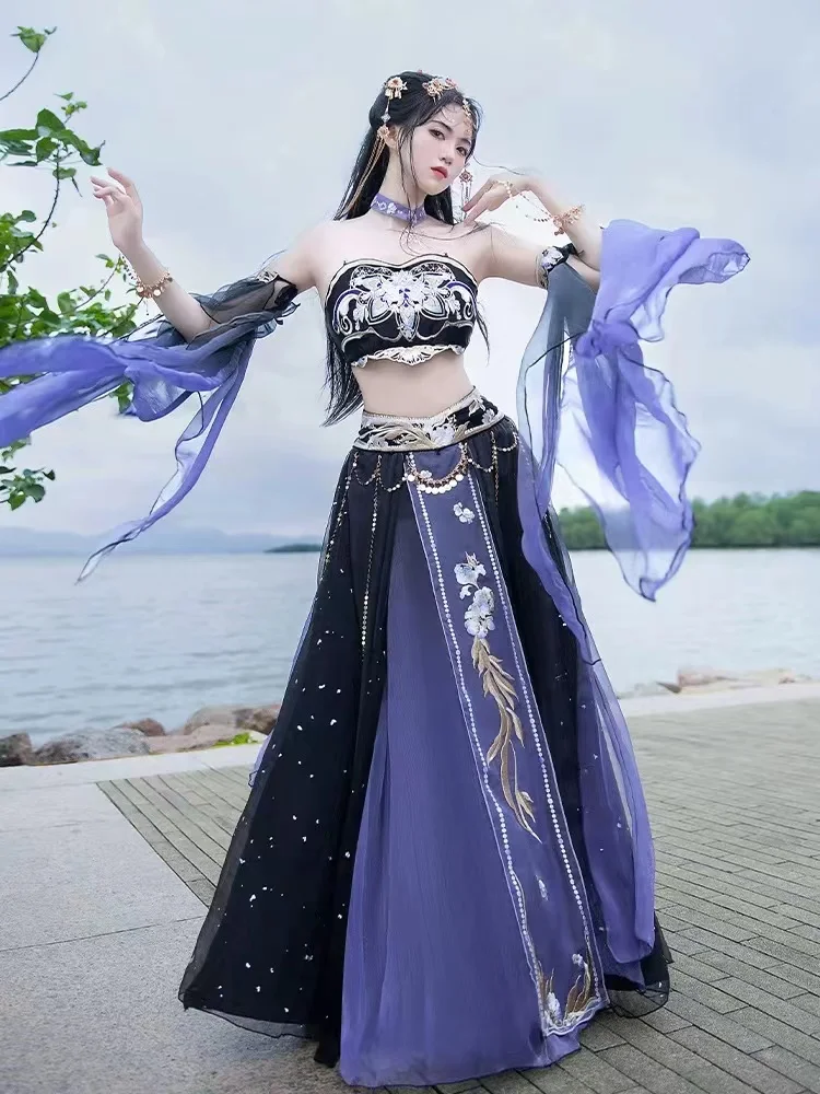 Vestido exótico princesa fada voando hanfu para mulheres, traje Dunhuang região oeste, roupas vintage Dai étnica cosplay para meninas