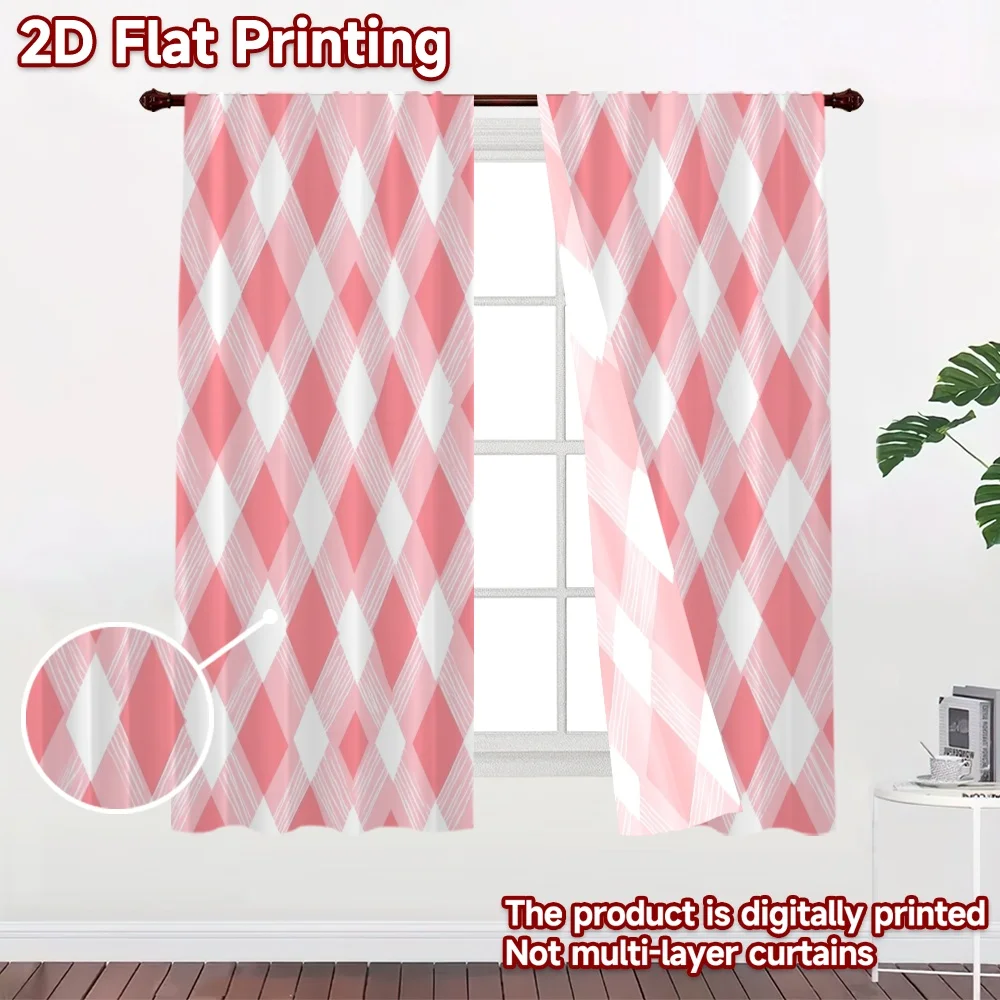2D flat 2pcs Curtain Modern Minimalist Style Pink White Argyle Diamonds Durable polyester fiber Party & Holiday Decor Use for