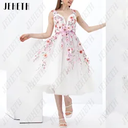 JEHETH Spaghetti Straps Prom Gowns For Girls V-Neck Pink 3D Flowers Sleeveless Tea-Length A-Line Backless Vestidos De Festa