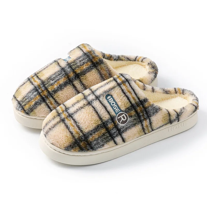 2025 Cotton Slippers Winter Plush Plaid Slipper for Women & Men Cozy Non-Slip Thick Sole Couple House Shoes with Faux Fur Lining