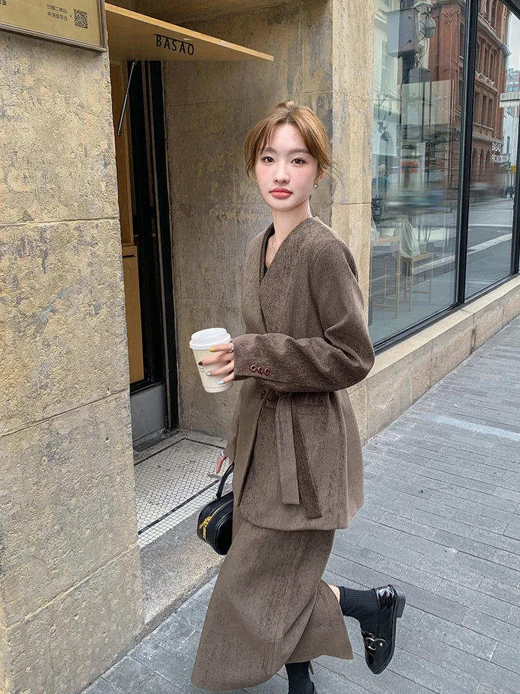 High-end Suit Suit Skirt Autumn 2024 New Korean Loose V-neck Temperament Suit Jacket and Skirt Two-piece Sets Women Outfits