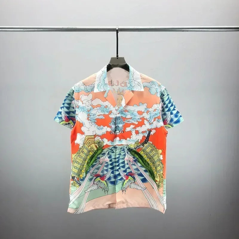 

New Hawaiian Shirt Men Summer Letters Print Shirts Short Sleeve Button Shirts Blouse Top Loose Summer