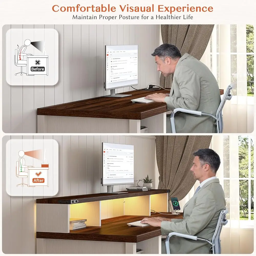 Wooden Home Office Desk with Storage Drawers, 23 Deep, Monitor Stand, Printer Space, and Power Outlets for Studio, Work, Study,