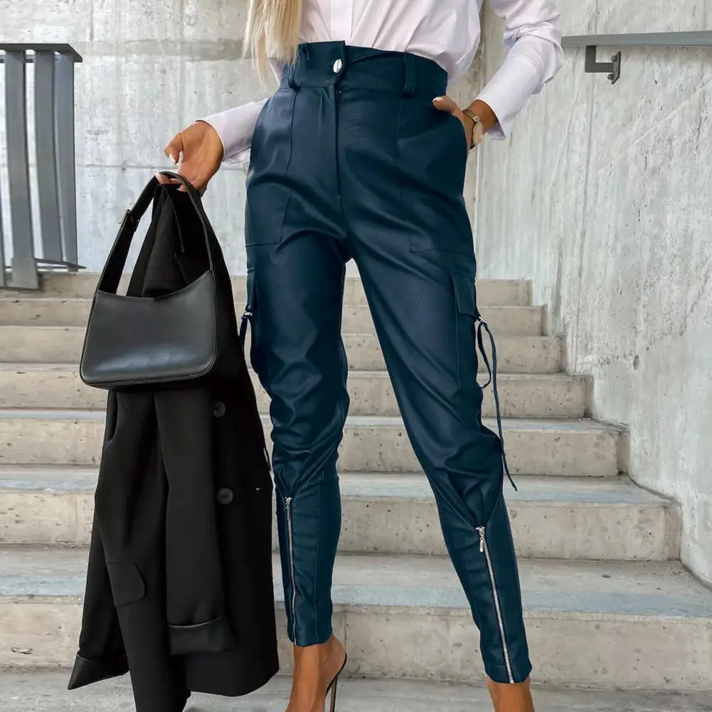 

2023 Leather Women Pants Multi Pockets Zipper Decor Slim Fit High Waist Pencil Trousers Button Closure Women Butt-lifted Pants