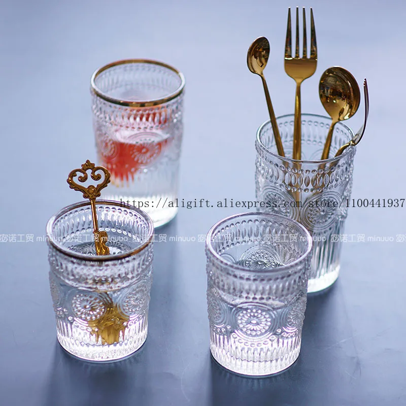 

Embossed Sunflower Glass Gilded Edge Water Cup Ins Style European Transparent Crystal Flower-Shaped Dessert Cup