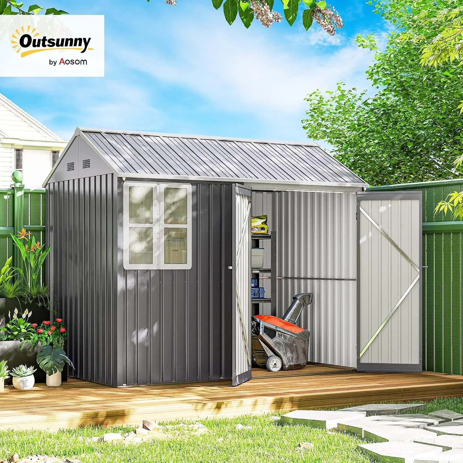 8' x 5.5' Outdoor Storage Shed Metal Garden Shed Window Gray, Customized