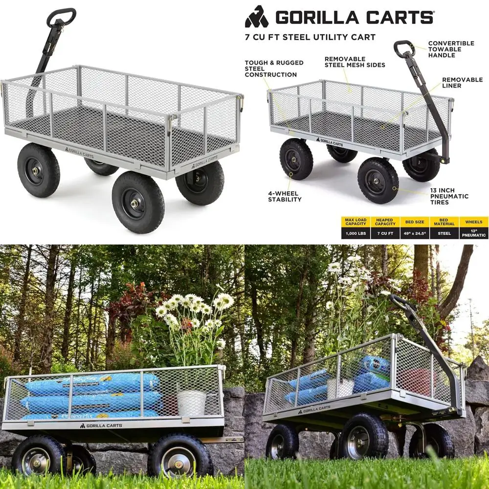 

Heavy-Duty Outdoor Hauling Wagon with Removable Steel Bed, 7 Cubic Feet, 1000 lbs Capacity, Gray Towable Utility Cart