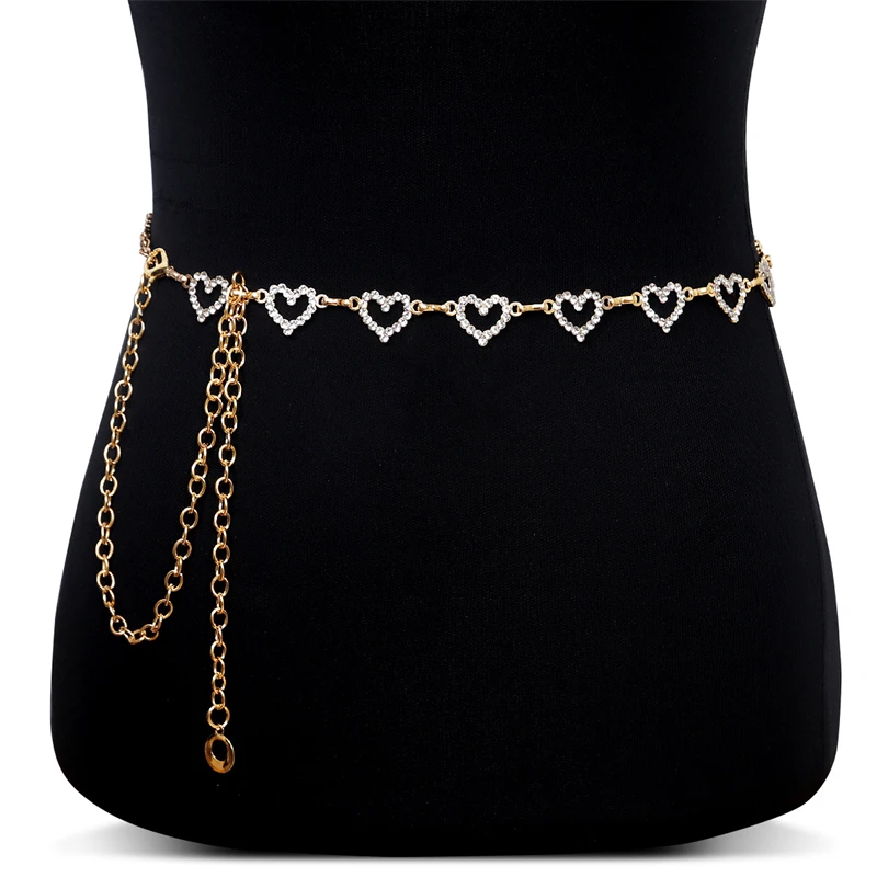 Fashion Rhinestone Heart Waist Chain for Women Adjustable Body Belt Belly Jewelry Tassel Design for Dresses Jeans