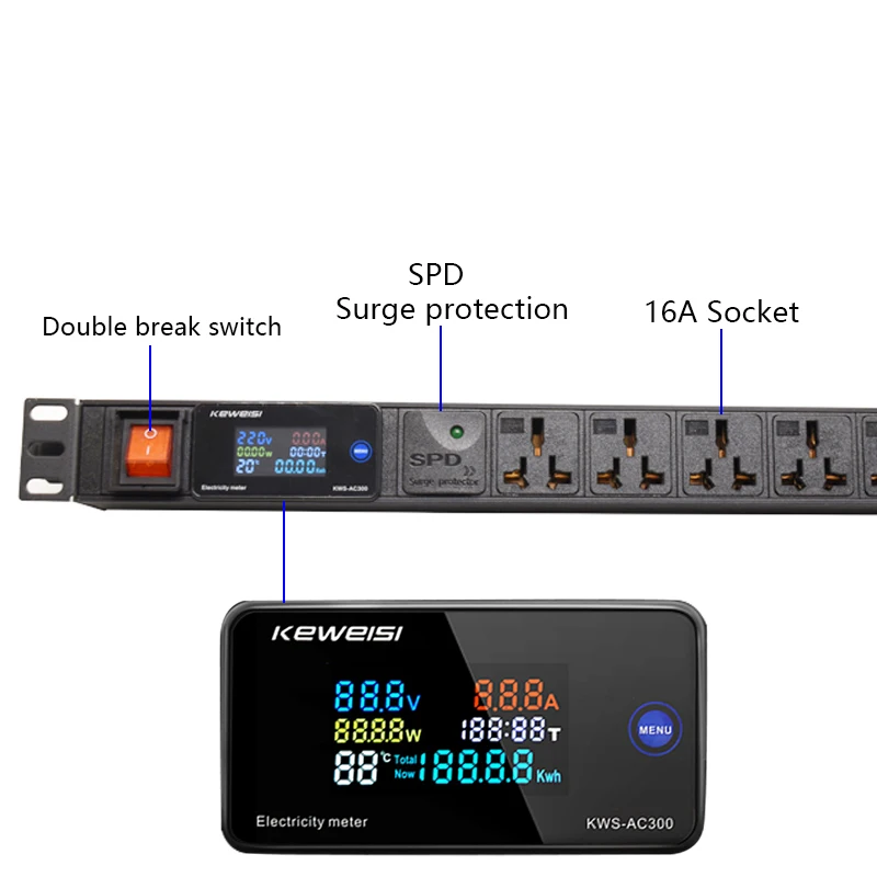 Power panel with digital voltage measuring instrument surge protection PDU power distribution device 2-7 circuit 16A socket