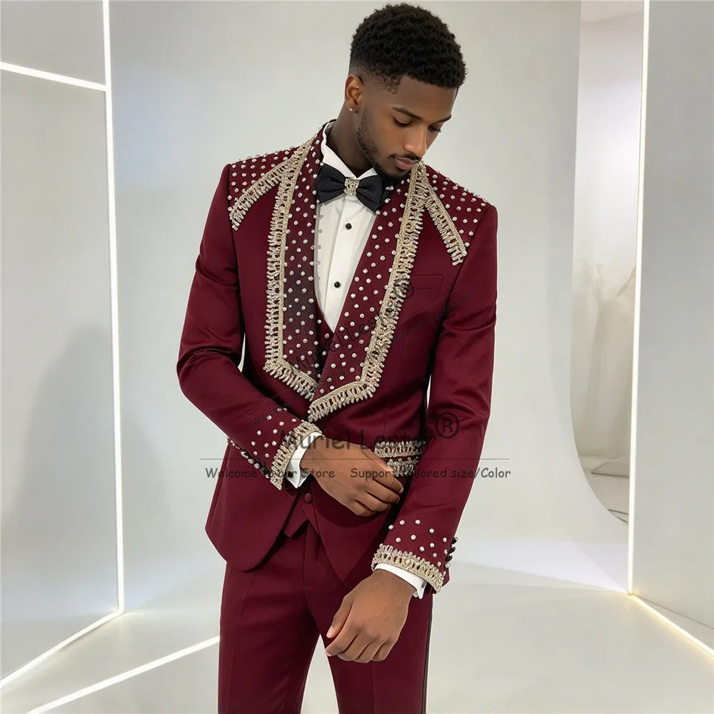 Exclusive Groom Wedding Tuxedo Suit For Man Beaded Crystals Jacket Waistcoat Trousers 3 Piece Set Groom Banquet Attire Plus Size