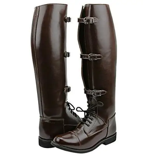 Herren Mode Runde Zehenkappe Schnürstiefel mit Schnallen Flache Kniestiefel für Männer Kreuzgebundene Motorradstiefel Vintage Reitstiefel in Unifarben – Detail 4