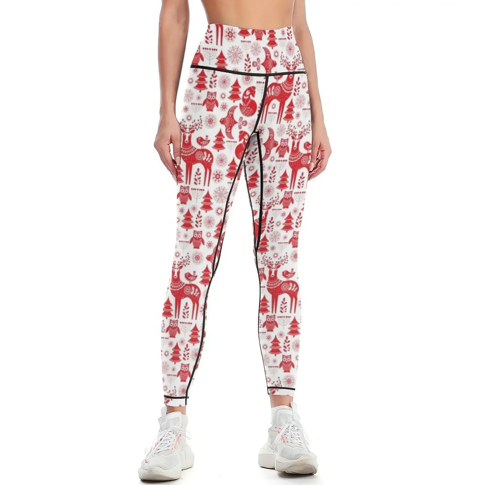 

Christmas seamless pattern with deer, owls, foxes, and birds in white and red. Scandinavian style. Folk art. Leggings
