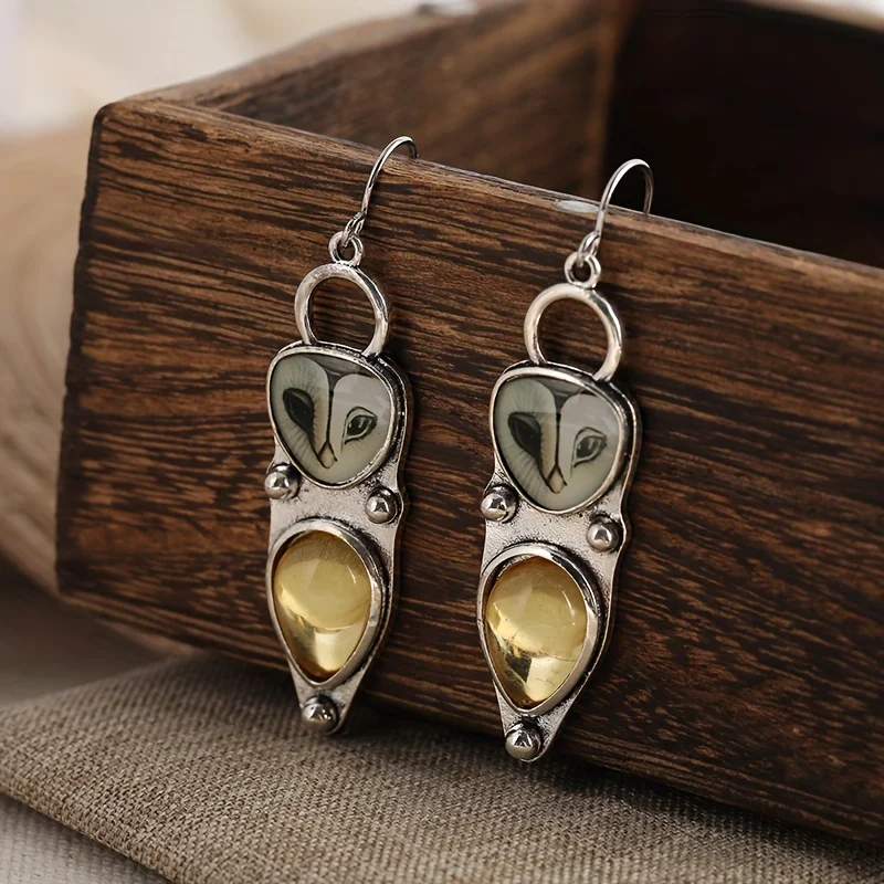 Boho Vintage Owl Dangle Earrings with Synthetic Gemstone Inlay Personality Earrings for Women
