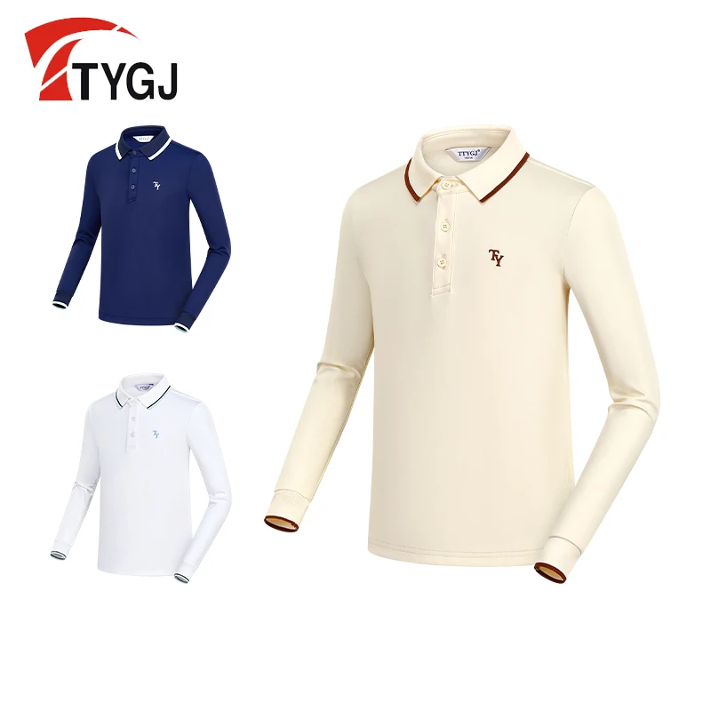 TTYGJ autumn and winter golf long sleeved t-shirt, children's warm sports long sleeved lapel top, children's golf uniform