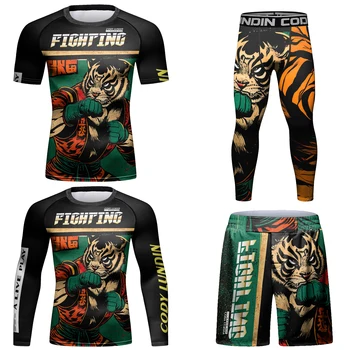 MMA Rashguard T-shirt et short pour homme, combinaisons de sport, muay-thaï, herbe trempée, j déclinaison boxe, compétition de gym, vêtements d'entraînement sportif, 4 pièces par ensemble