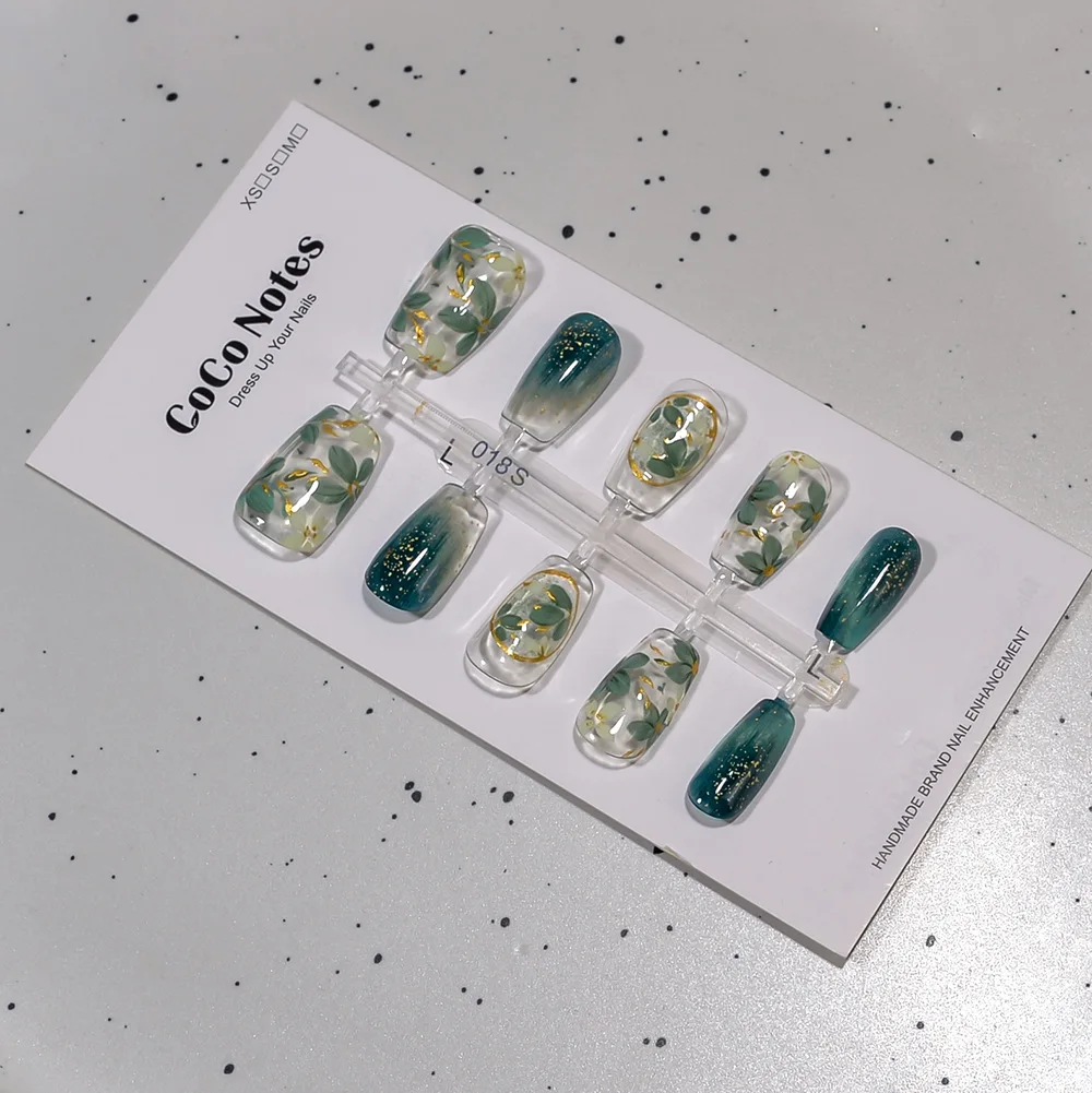 10 pçs primavera verão novas flores bronzeadoras verdes unhas falsas artesanais unhas curtas imprensa em unhas falsas dicas para menina mulher
