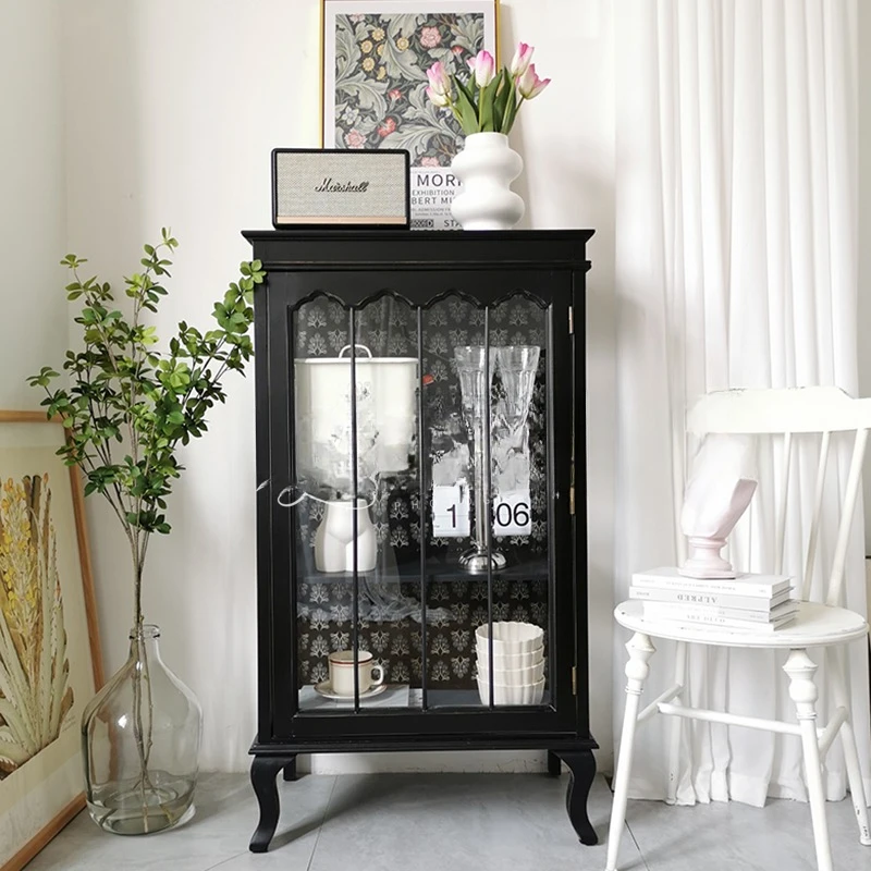 

Design of sideboard storage wine cabinet in rural black pastoral solid wood glass