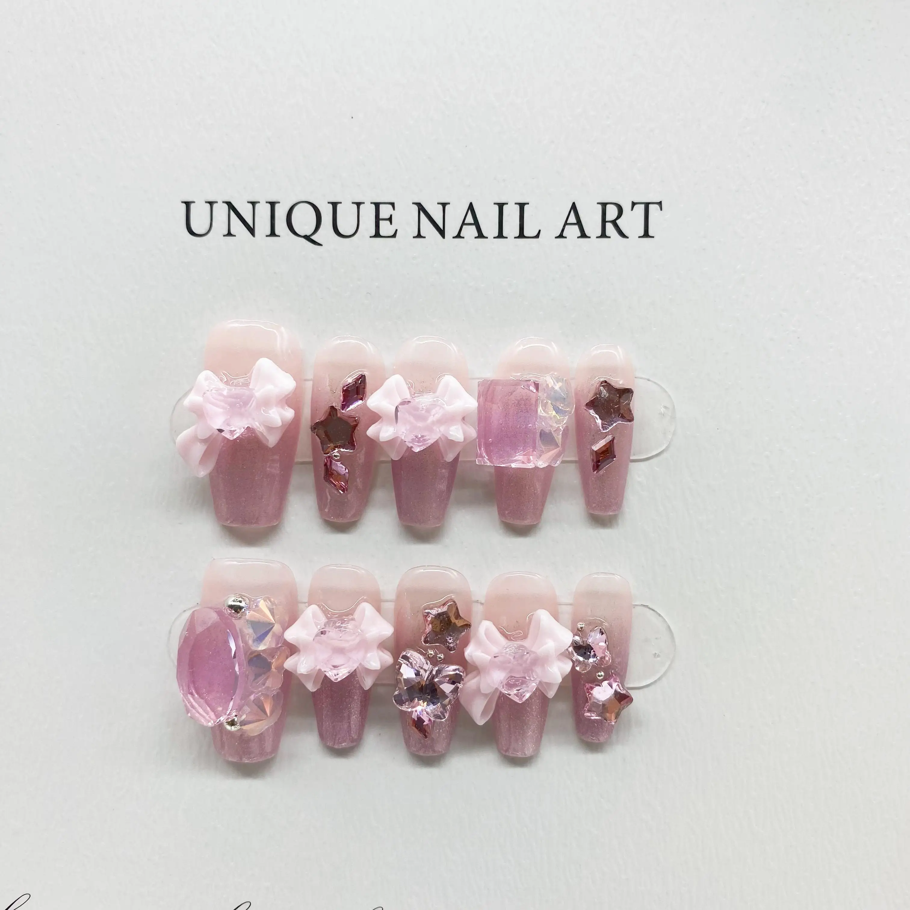 Wholesale Opulent Style Pink Dragon Heart Bow Detachable High-Quality Reusable Elegant White Press On Nails.No.D120