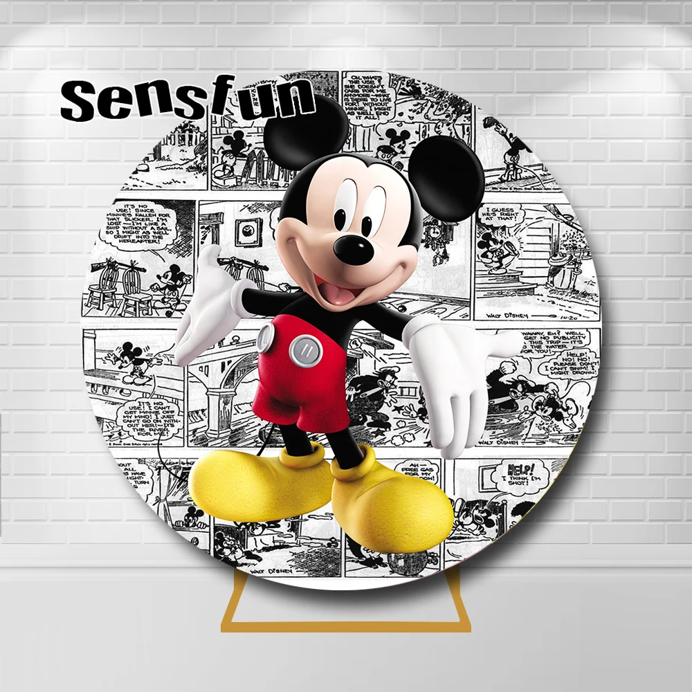 

Comic Mickey Mouse Round Backdrop Cover Boy Happy Birthday Party Decoration Circle Background For Photo Studio