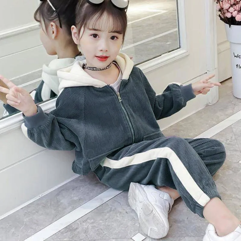 Plush Lined Kids Corduroy Suit Thicken Hooded Zipper Sweatshirt + Warm Casual Jogger Pants Ensembles Winter Girls 2 Piece Set