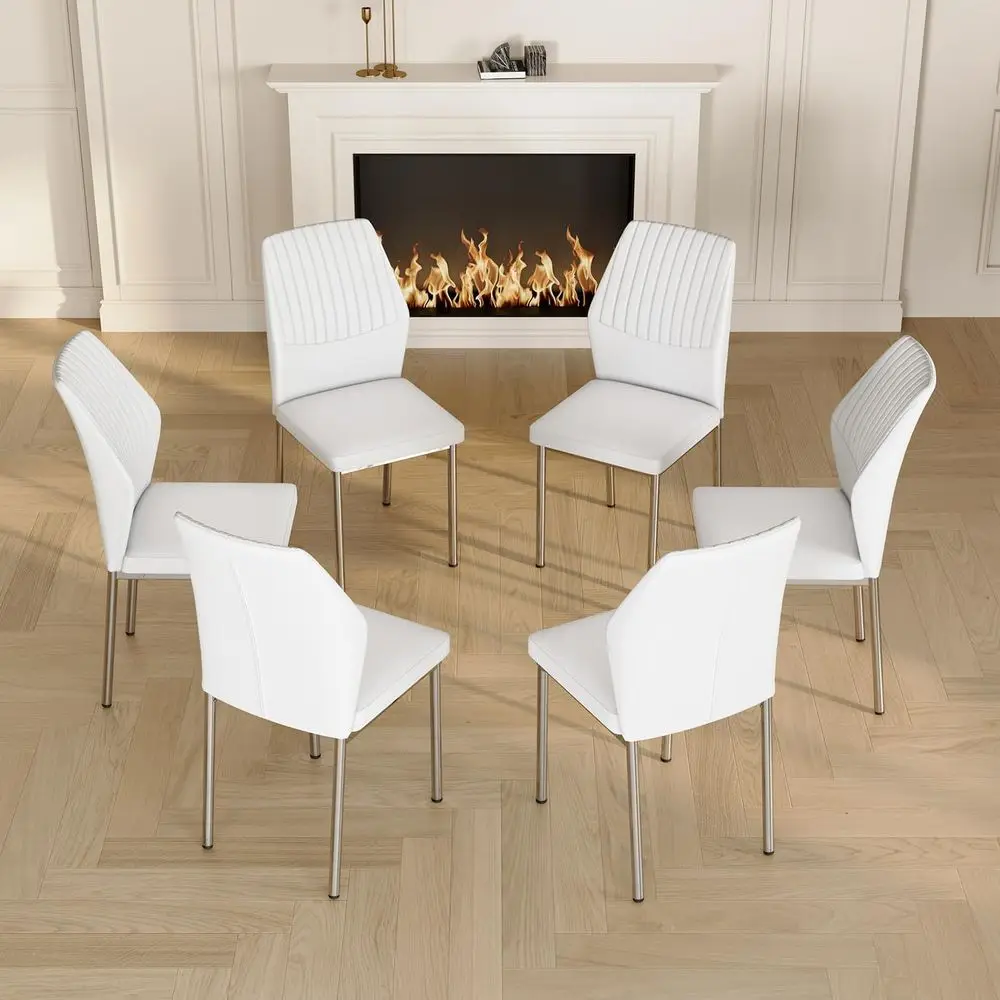 

Set of 6 White PU Leather Dining Chairs with Cushions, Metal Legs for Kitchen or Restaurant Use