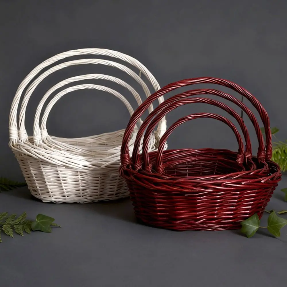 Retro Brown White Handhold Weaving Basket Oval Weaving Braided Basket With Handle Basket with Handle Vegetables Fruit
