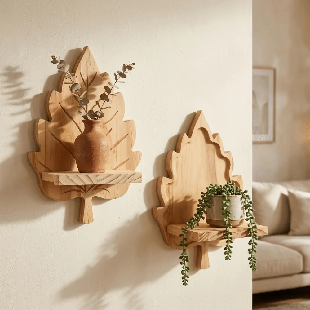 Wooden Maple Leaf Wall Shelf Nature Style Stable Wooden Leaf Floating Shelf with Screws Decorative Wall Mounted Leaf Shelf