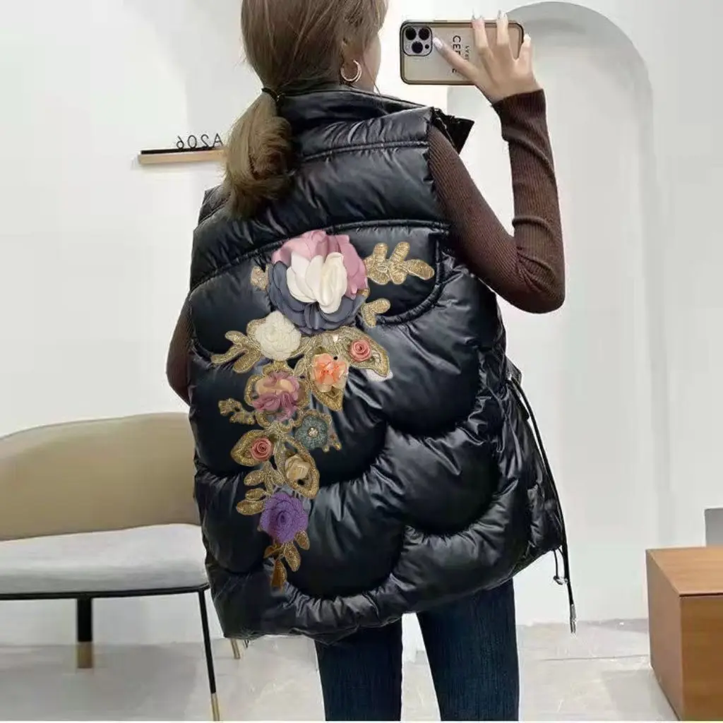 

2025 New Women's Flower down Cotton Vest ort Bright Surface Outerwear Autumn Winter Stand Collar oulder Pad Jaet Trendy