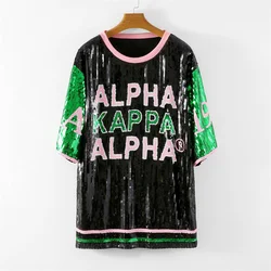 Summer New Letter Sequins Night Club Streetwear Striped Patchwork Short Sleeve T-Shirt Round Neck Hip Hop Straight Women's Tops