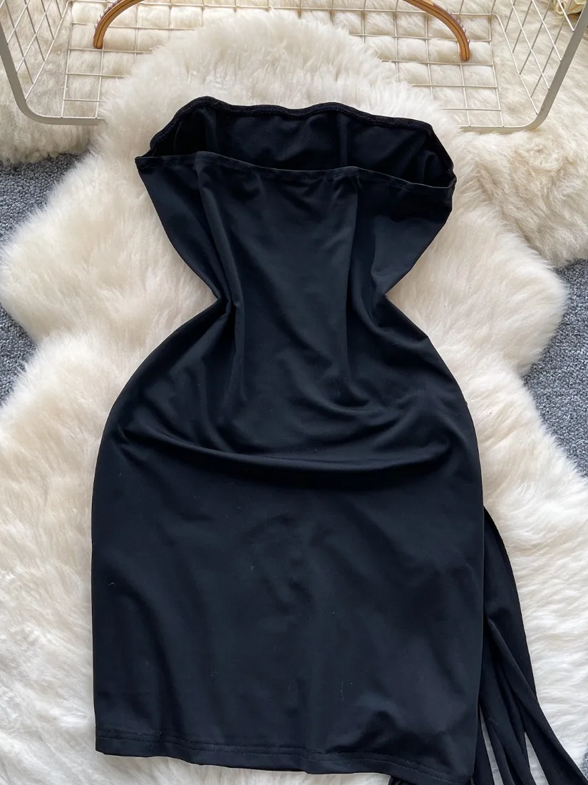 Foamlina Summer Women Black Strapless Dress Ladies Stylish Sleeveless Twisted Cutout Ruched Ribbons Mini Party Bodycon Dress