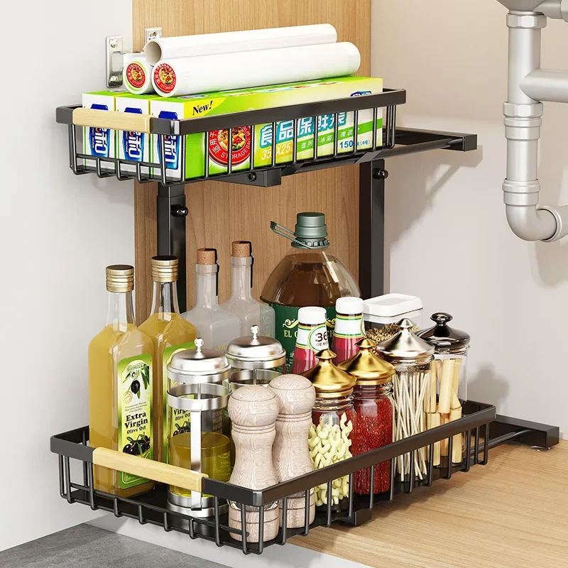 2 Tier Pull-Out Under Sink Storage Rack Multifunctional Organizer Storage Cabinet Under Sink Sauce Rack Carbon Steel Organizer