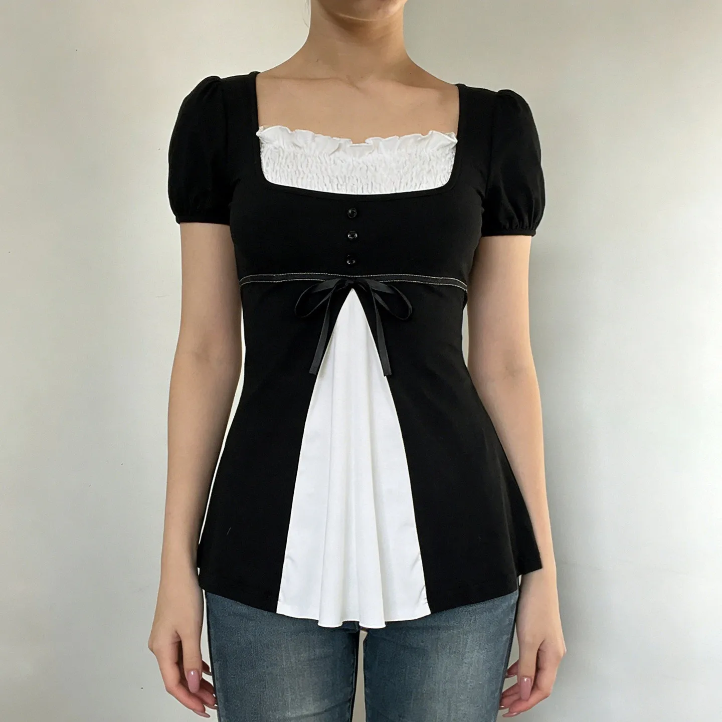 Women's Y2K Cute Square Neck Short Sleeve Color Block Ruffle Bow A-Line Pullover Gathered Knit T Shirt for Women Female Clothing