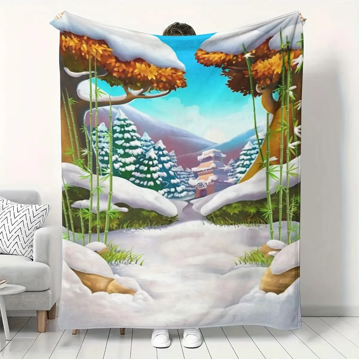 

Luxury Winter Snow Forest Zen Cherry Blossoms & Pagoda Design Soft Flannel Blanket - All-Season Cozy Throw for Bed, Sofa