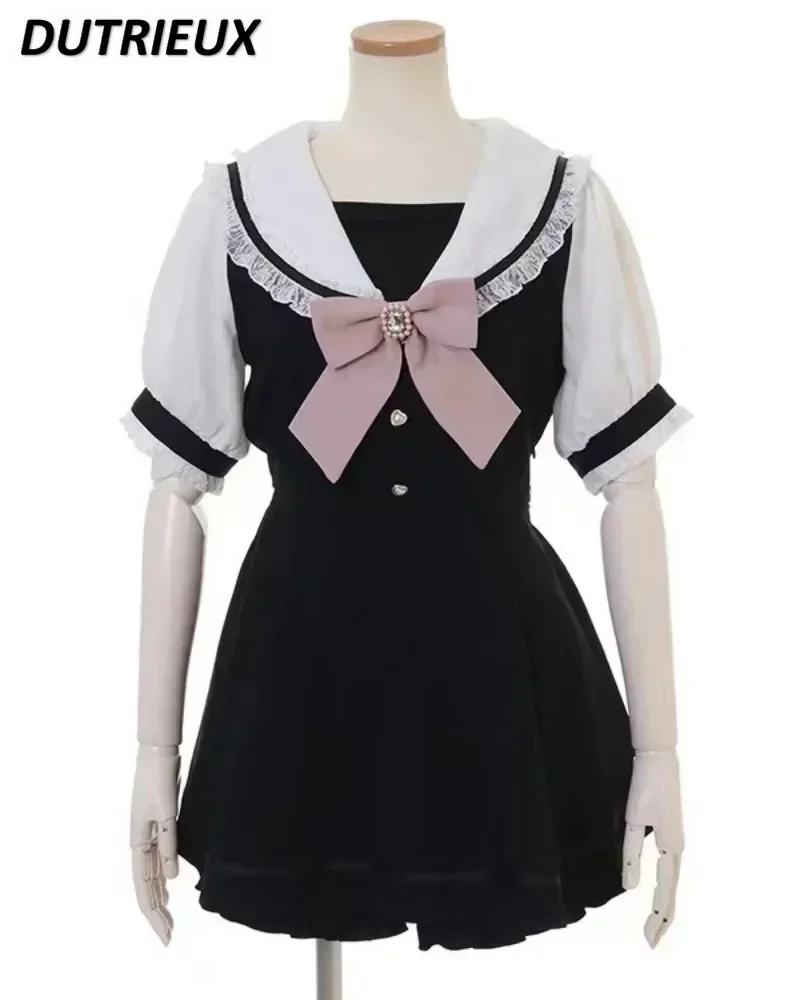 Spring Summer Sweet Lolita Bow Dress Shorts Suit Two-Piece Set Rojita Japanese Sailor Collar Slimming Short Dress for Women