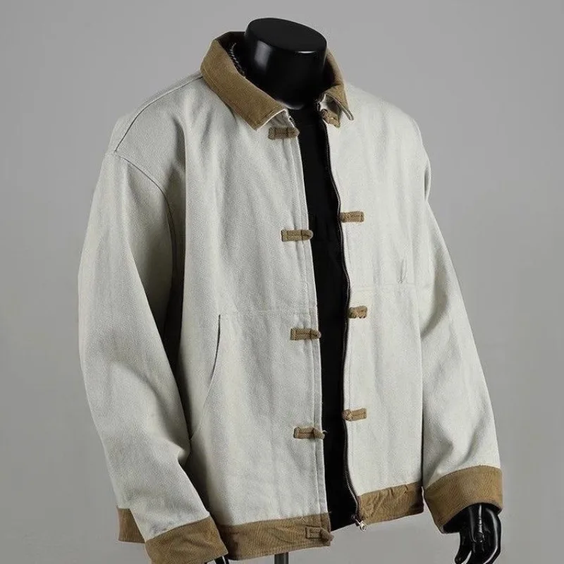 

Juspinice Chinese Style Contrast Tang Suit Jacket for Men Summer Tuen-down Collar Long Sleeve Frog Fastenings Design Casual Coat
