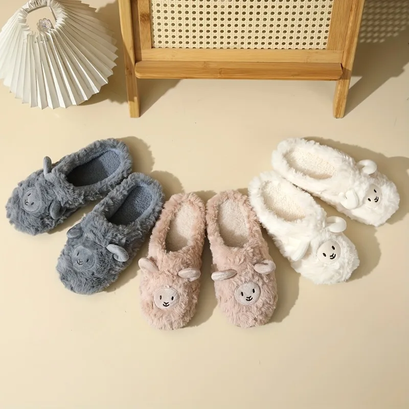 

Winter Cartoon Plush Slippers Warm Fluffy Faux Fur Sheep Design Indoor Home Couple Cotton Slippers for Men and Women