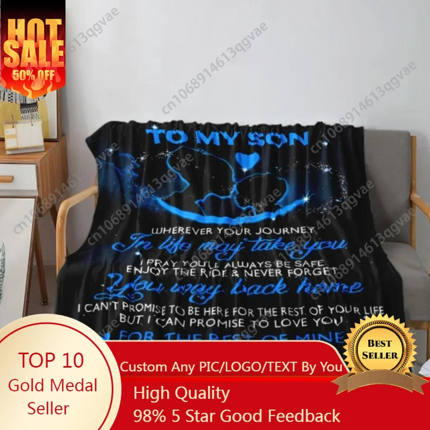 Son Themed Letter Print Blanket 1 Count Soft Warm Blanket For Sofa Bed Air-conditioned Room Camping Travel