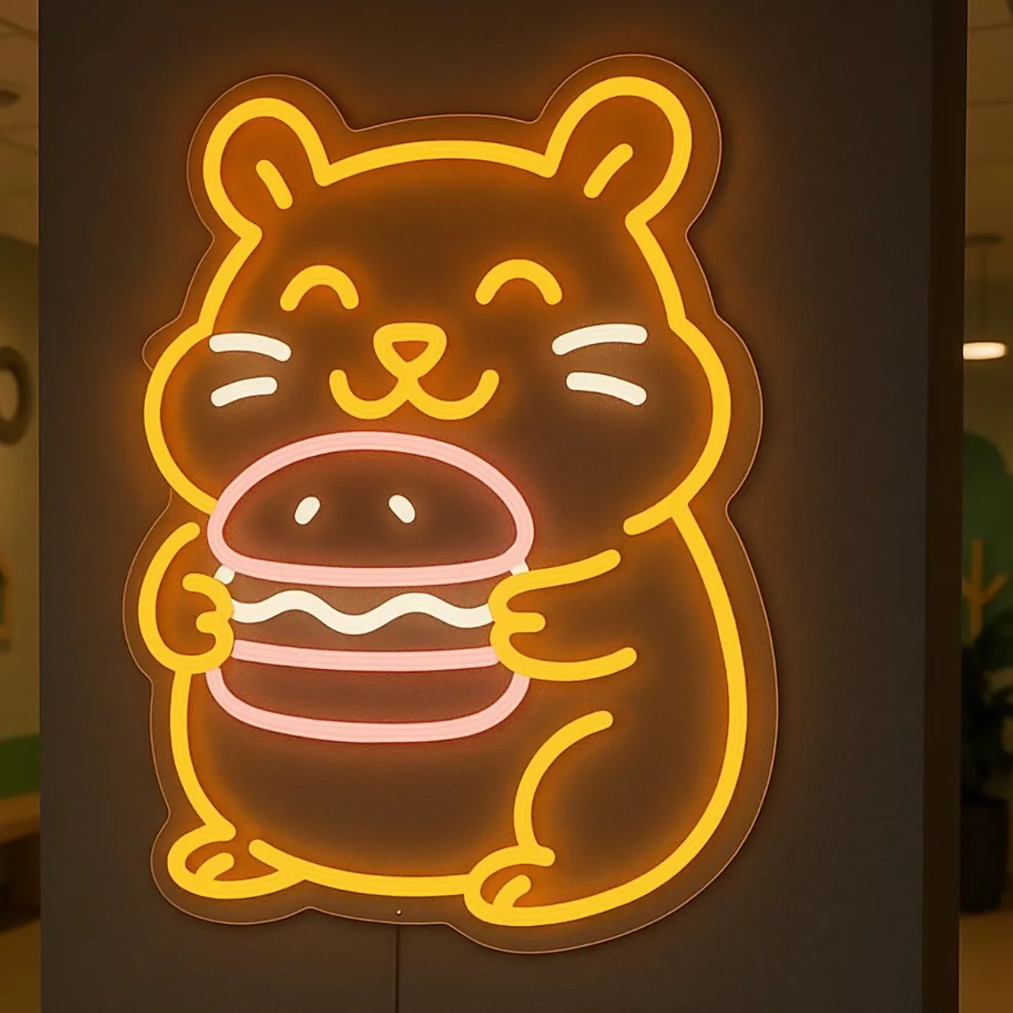Hamster Neon Sign with Cute Animal Hamster with Burger Neon Cafe Kitchen Restaurant Art Decor Bedroom Game Room Decor