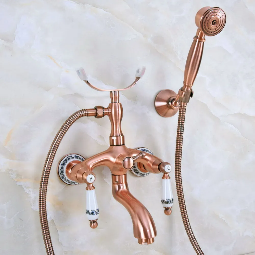 

Antique Red Copper Wall Mount Bathtub Faucet Dual Handles with Handshower Bathroom Tub Mixer Taps