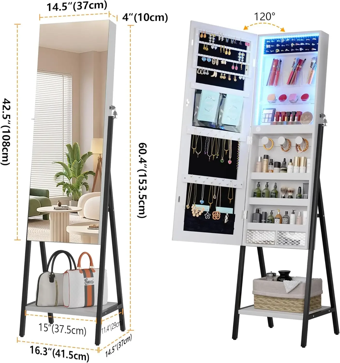 3 LEDs Mirror Jewelry Cabinet Standing, 42.5